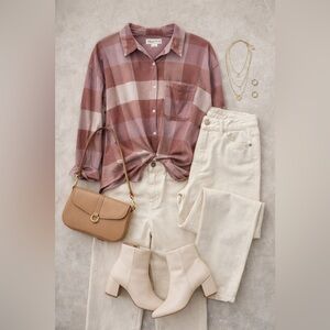 Ava & Viv women’s Casual Plaid Shirt - Burgundy and Mauve Size 1X 58% cotton